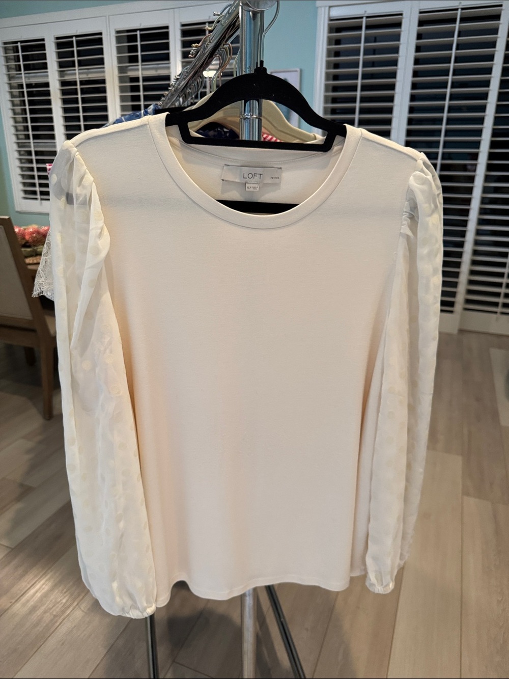 LOFT Cream Long-Sleeve Sheer Puff-Sleeve Top